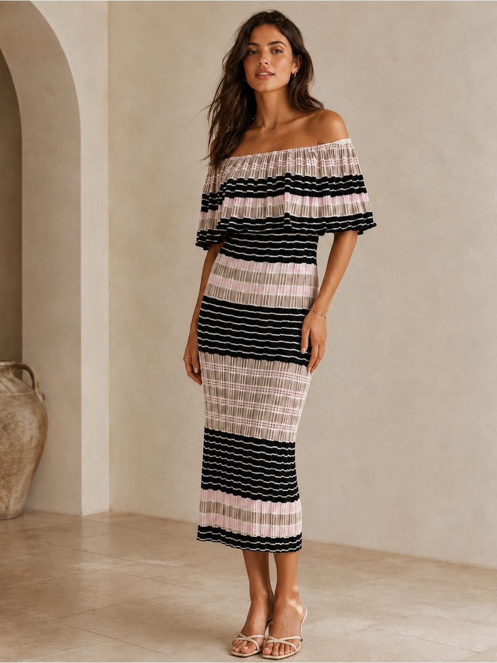 Free People Off Duty Striped Off Shoulder Knit Midi Dress XS